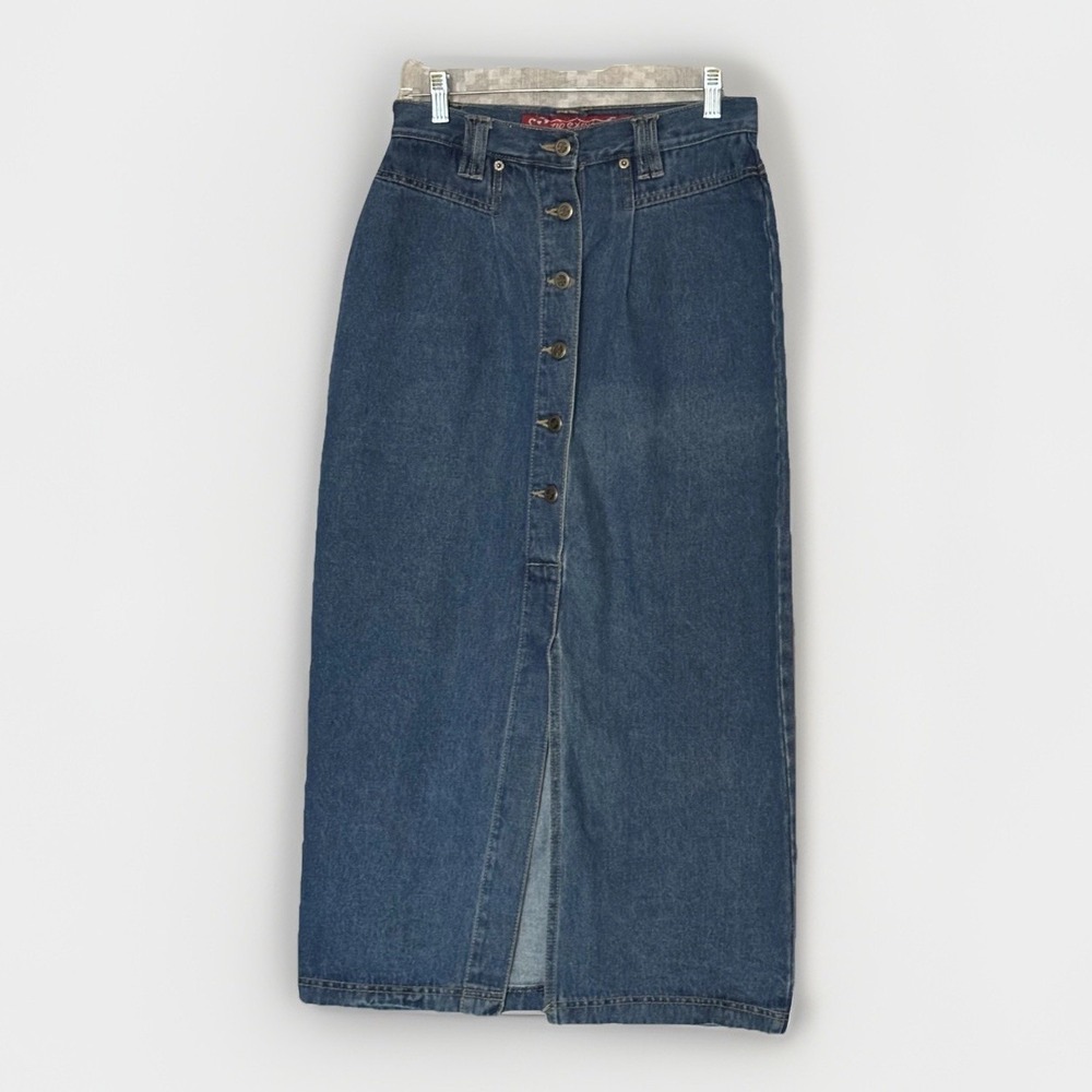 No Excuses Denim Maxi Skirt Button Front Slit Cottagecore‎ Tradwife Prairie 9/10